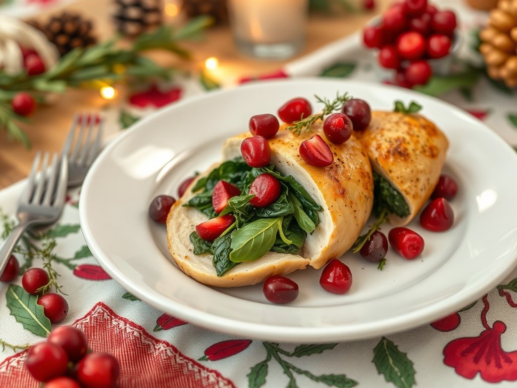 Stuffed chicken breast with spinach and cranberries on a festive table