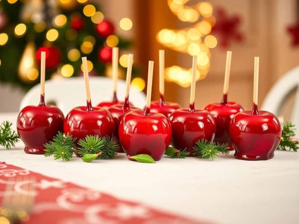 A row of shiny red candy apples on a festive table with a Christmas tree in the background.