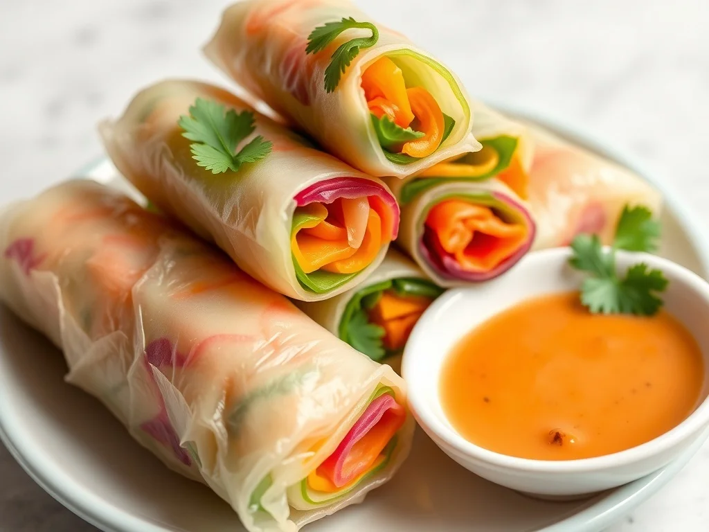 A plate of colorful vegetable spring rolls with fresh ingredients