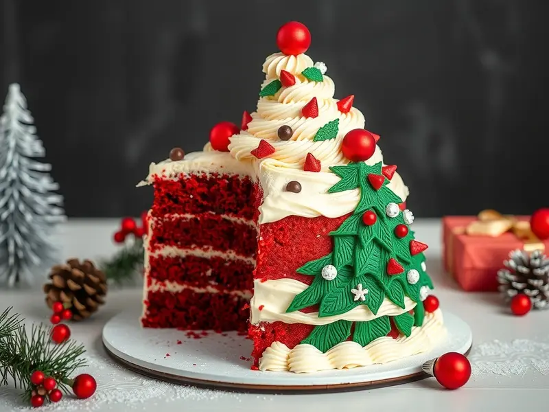 A beautifully decorated Red Velvet Christmas Tree Layer Cake with green frosting, red ornaments, and a snowy white icing.
