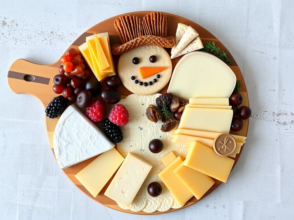 A festive snowman charcuterie board featuring various cheeses, fruits, and decorative elements.