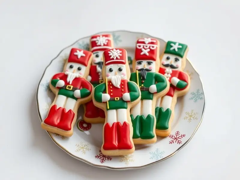 A plate of colorful nutcracker soldier cookies decorated for Christmas.
