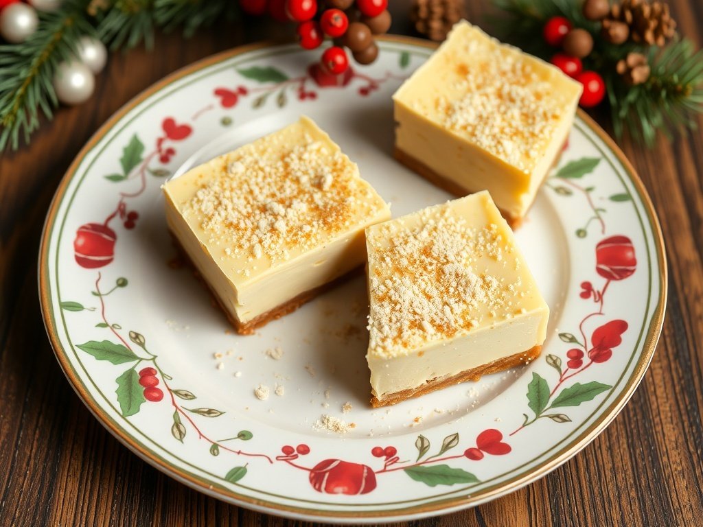 Eggnog cheesecake bars on a festive plate, decorated for the holidays.