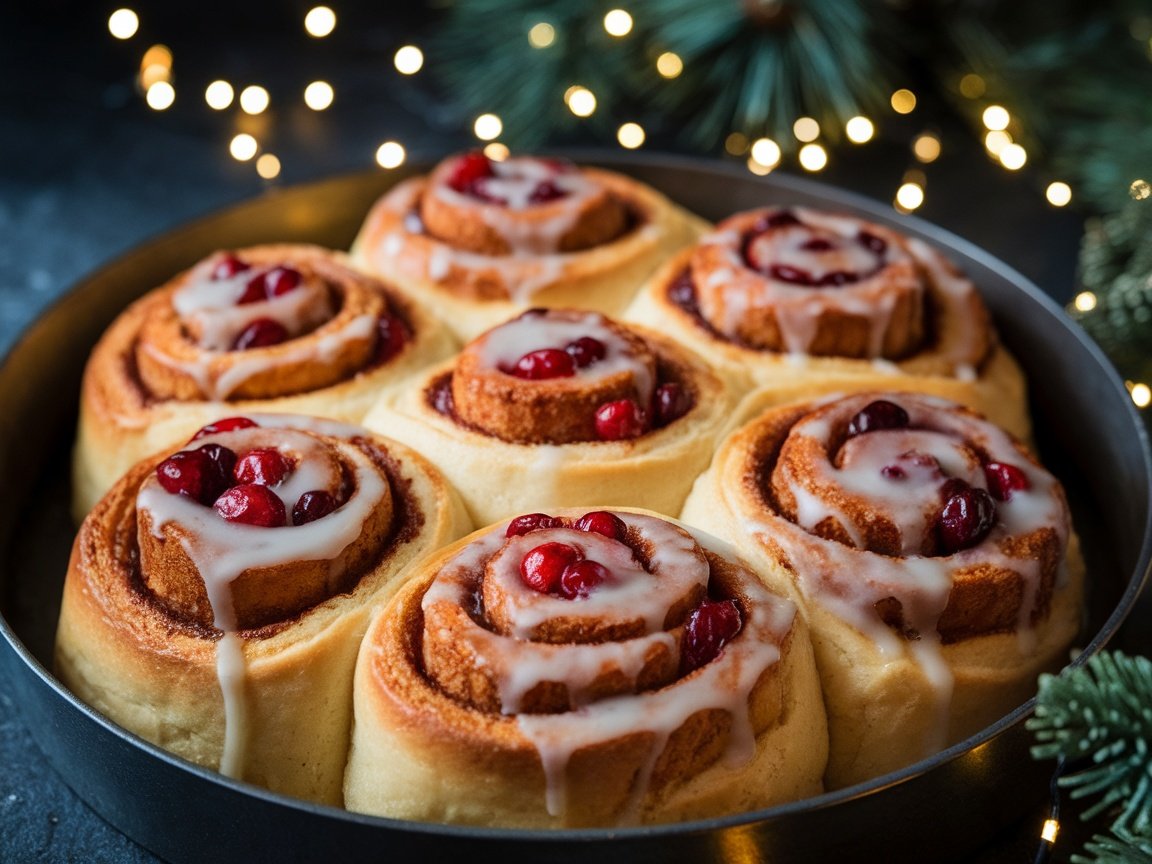 Festive Cranberry Cinnamon Rolls Recipe A tray of golden cranberry cinnamon rolls drizzled with glaze, garnished with cranberries, set against a festive holiday backdrop.