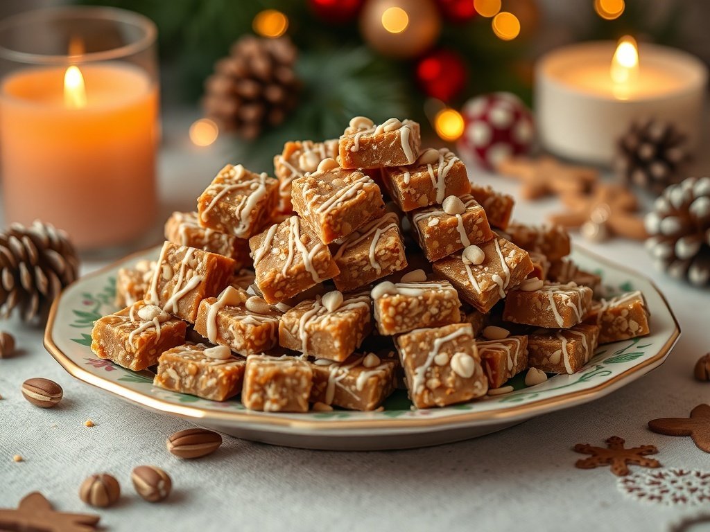A plate of Nutty Toffee Crunch squares drizzled with white chocolate, surrounded by festive decorations.