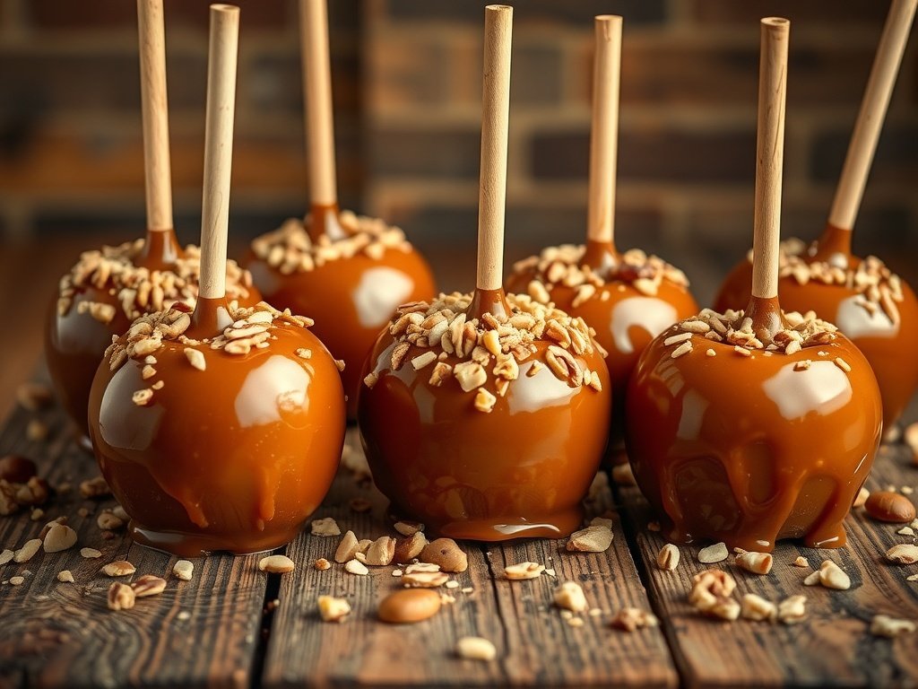 A display of caramel nut candy apples with wooden sticks, topped with chopped nuts.