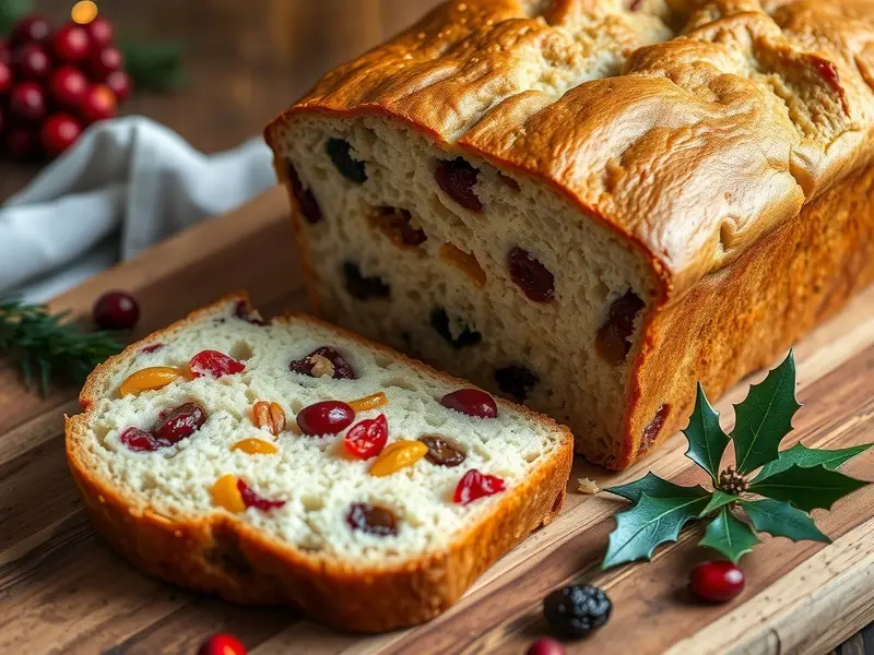 Festive Holiday Christmas Loaf Bread Recipe A golden-brown Christmas loaf bread dusted with powdered sugar, surrounded by holly and dried fruits.