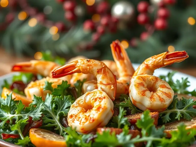A plate of garlic parmesan roasted shrimp on a bed of greens with lemon slices.