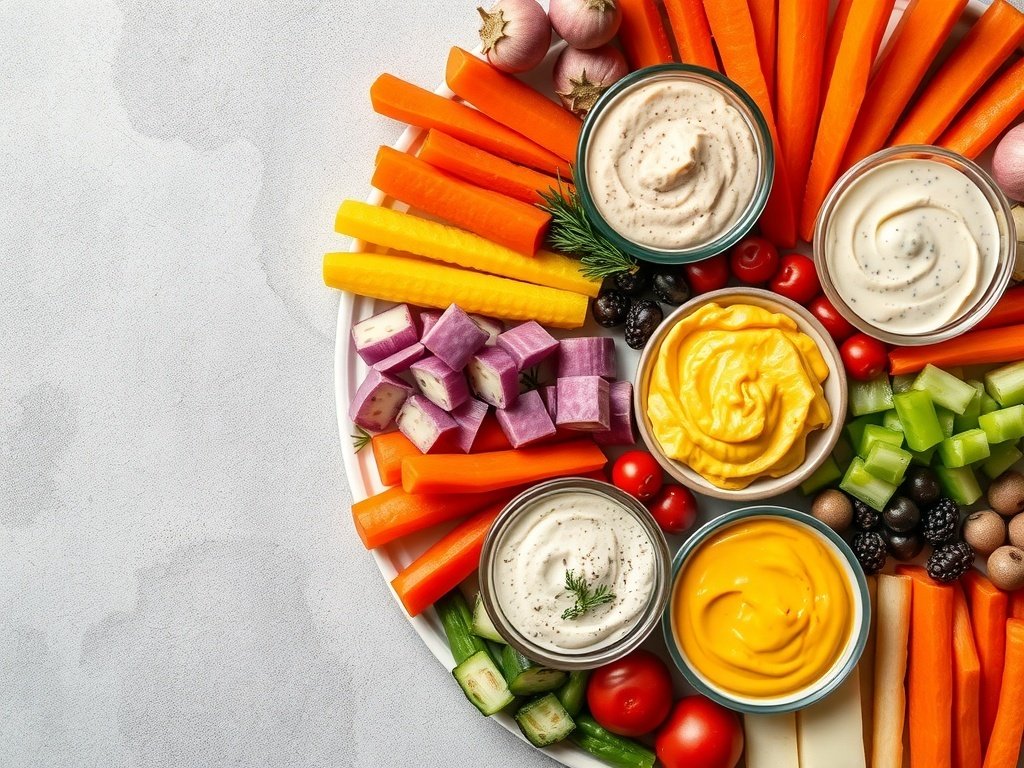 A colorful vegetable platter with various dips, including ranch, hummus, and tzatziki, arranged beautifully for a festive occasion.