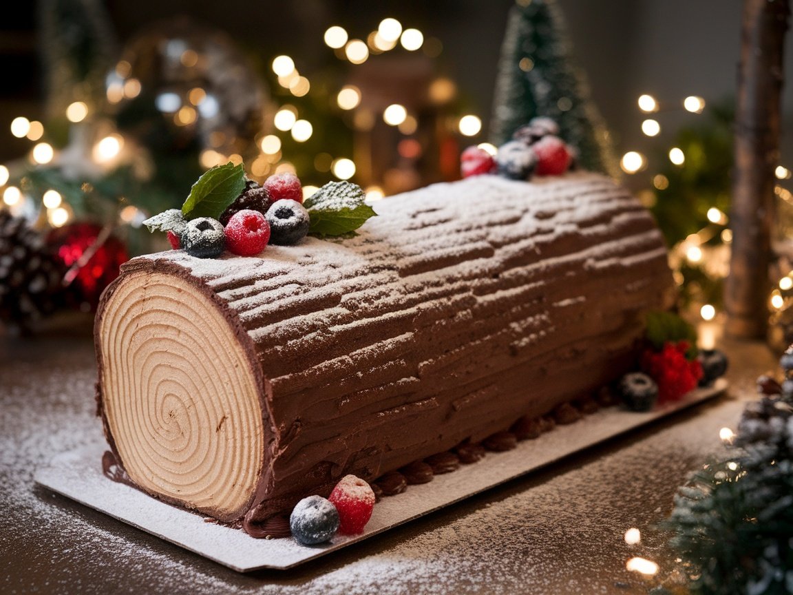 Classic Christmas Yule Log Cake Recipe A classic Yule Log Cake decorated with chocolate ganache, powdered sugar, and festive garnishes on a holiday table.
