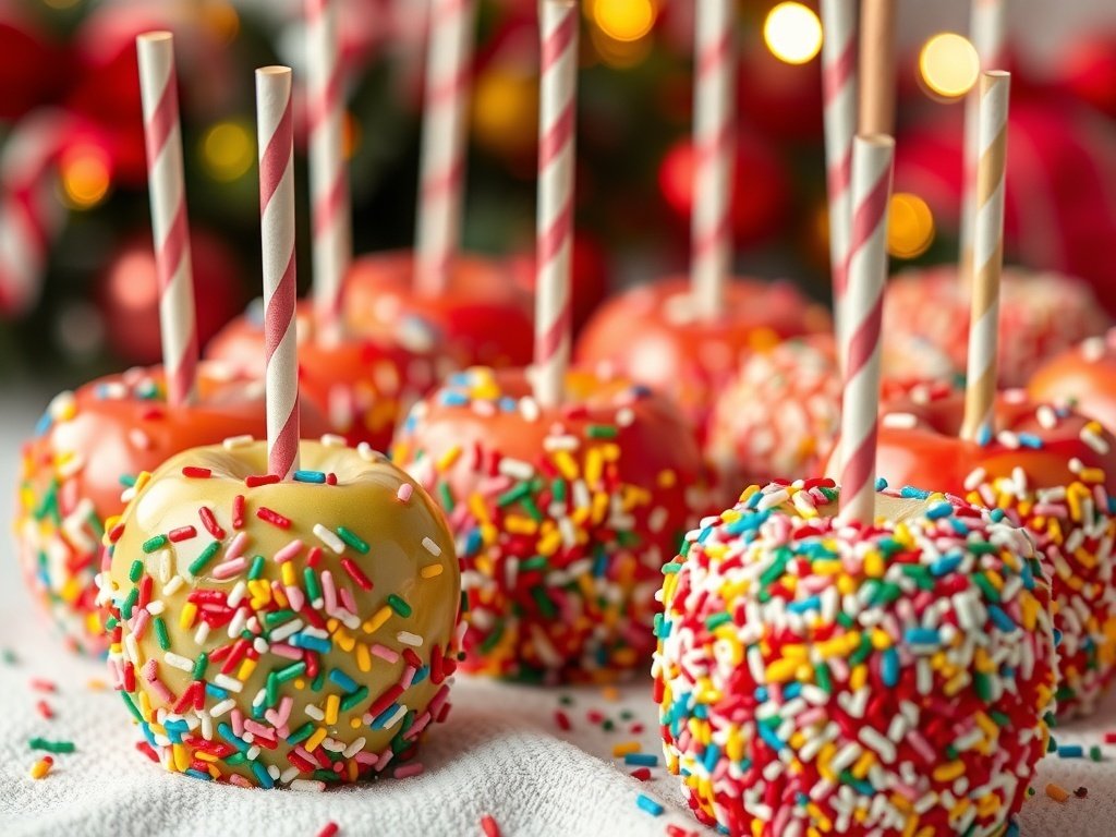 Colorful candy apples with rainbow sprinkles and striped straws