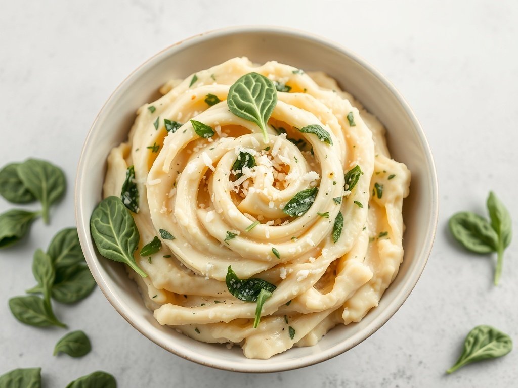 A bowl of creamy Parmesan and spinach mashed potatoes garnished with fresh spinach leaves.