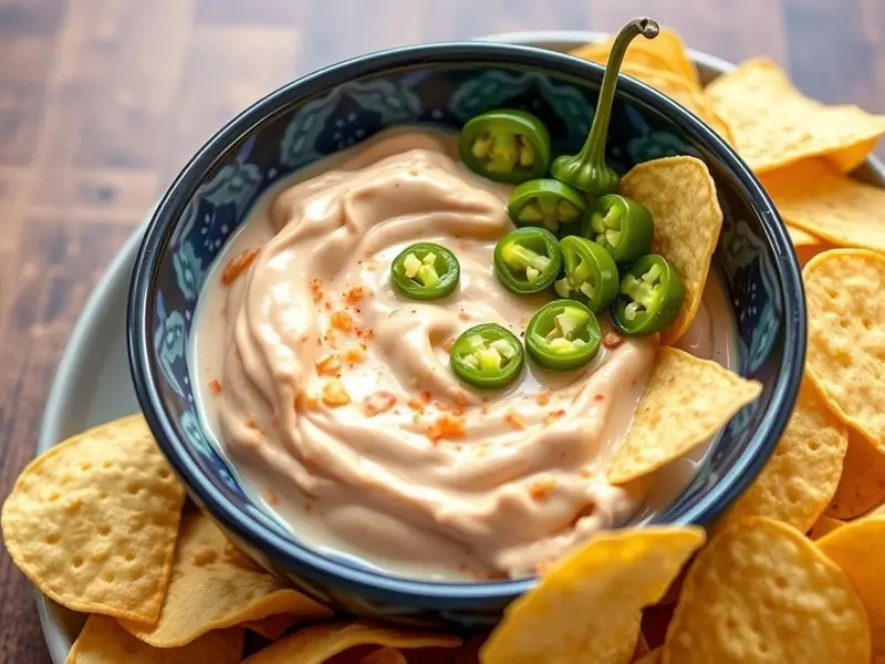 A bowl of spicy jalapeño popper dip surrounded by tortilla chips, garnished with jalapeño slices.