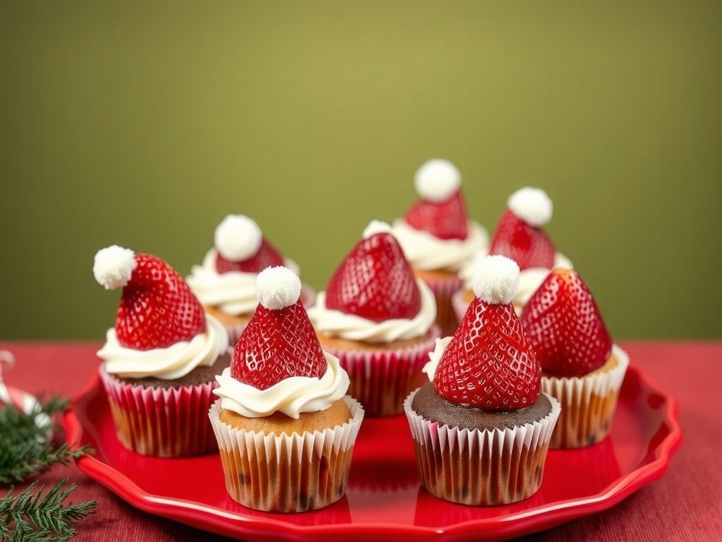 A plate of Santa hat strawberry cupcakes decorated with whipped cream and strawberries.