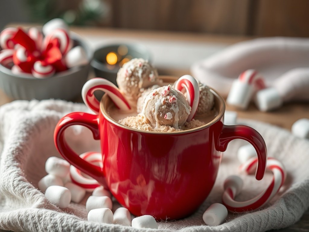 A red mug filled with hot chocolate topped with candy cane hot chocolate bombs, surrounded by candy canes and marshmallows.