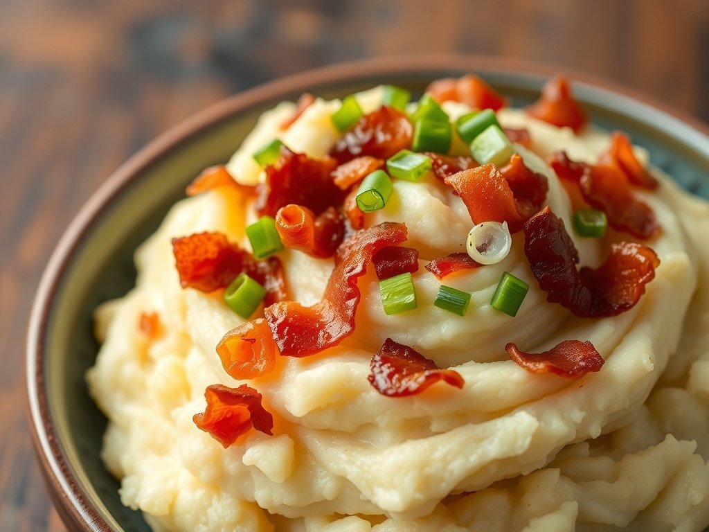 A bowl of creamy mashed potatoes topped with crispy bacon and green onions.