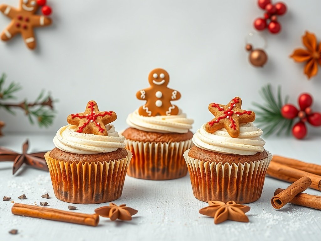 Gingerbread spice cupcakes decorated with gingerbread cookies and festive toppings