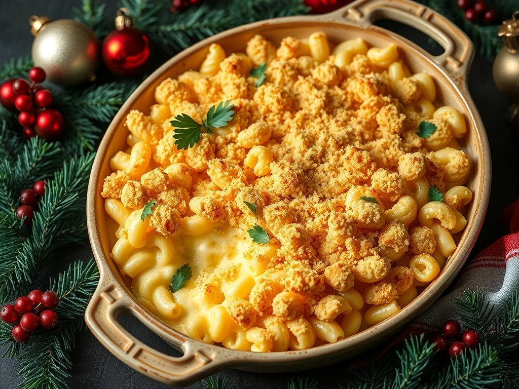 Christmas Mac and Cheese Bake A golden-brown mac and cheese bake topped with breadcrumbs, garnished with parsley, in a rustic dish for Christmas.