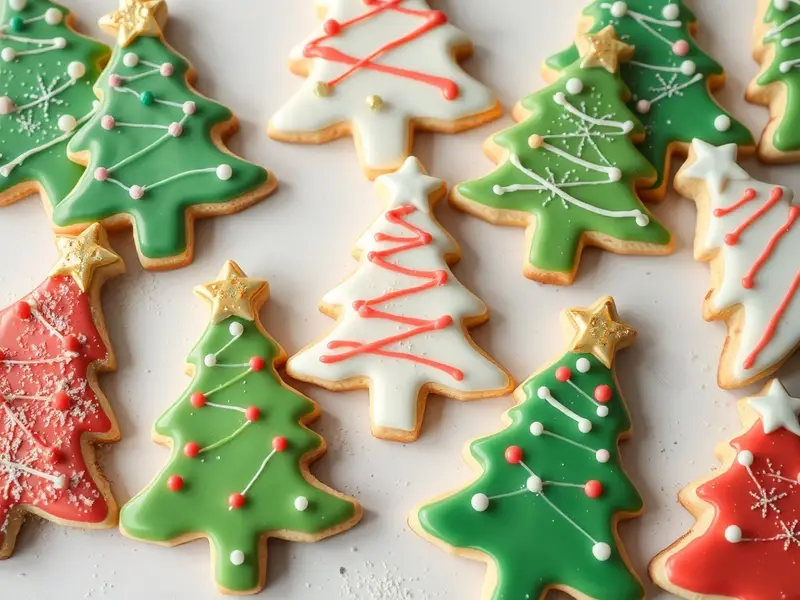 Decorated Christmas tree sugar cookies in red, white, and green colors.
