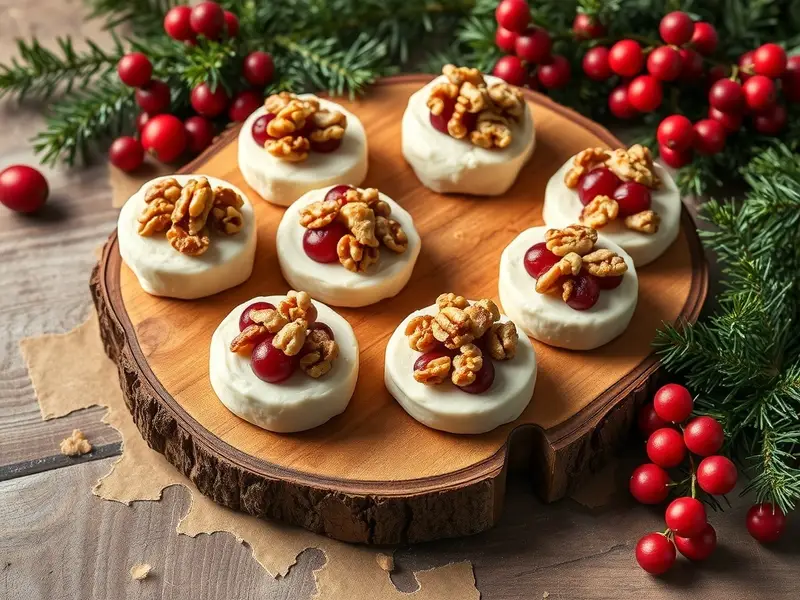 A wooden platter with cranberry brie bites topped with walnuts, surrounded by festive decorations.