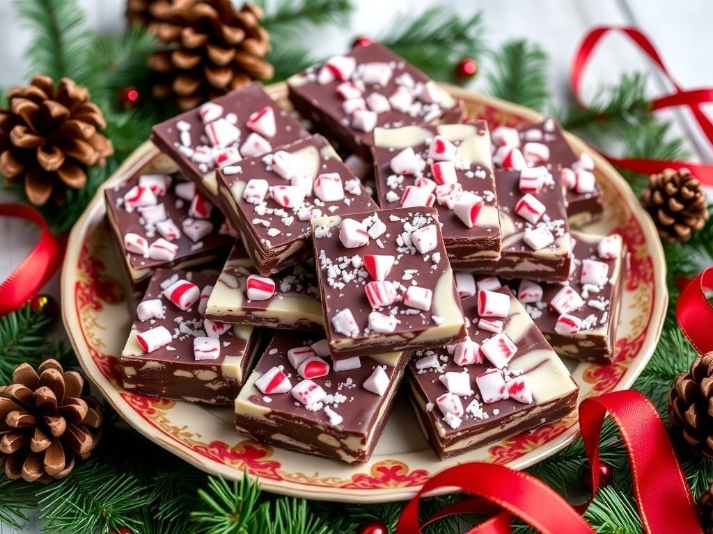 Peppermint Bark Chocolate Squares Recipe Peppermint bark chocolate squares with dark and white chocolate layers topped with crushed peppermint candies on a festive plate.