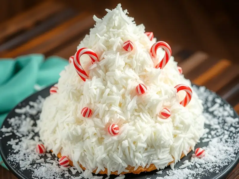 A festive Coconut Snowy Tree Cake decorated with coconut and candy canes.