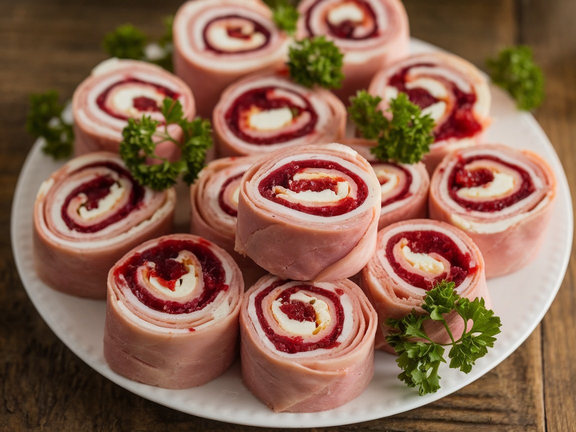 Ham and Cheese Cranberry Roll-Ups A serving platter of ham and cheese cranberry roll-ups, garnished with parsley, on a wooden table.