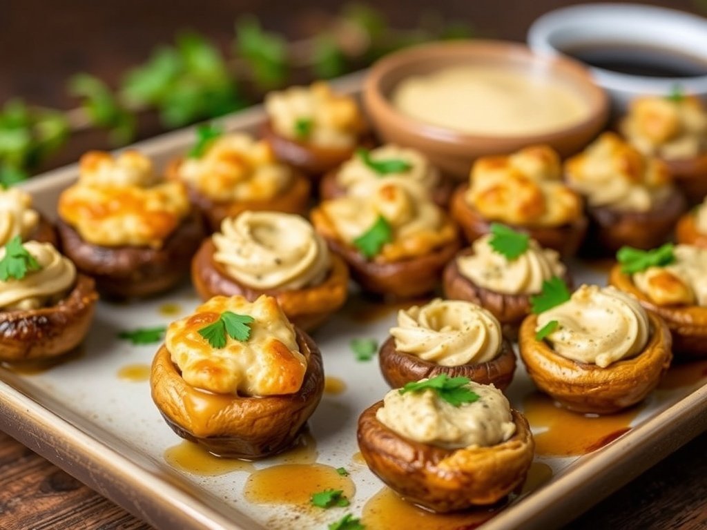 Herb and Cream Cheese Stuffed Mushroom Bites A platter of baked stuffed mushrooms filled with cream cheese and herbs, garnished with parsley.
