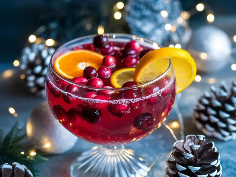 Sparkling Holiday Cranberry Punch Recipe A festive bowl of sparkling cranberry punch with cranberries and citrus slices, set against a backdrop of holiday decorations.