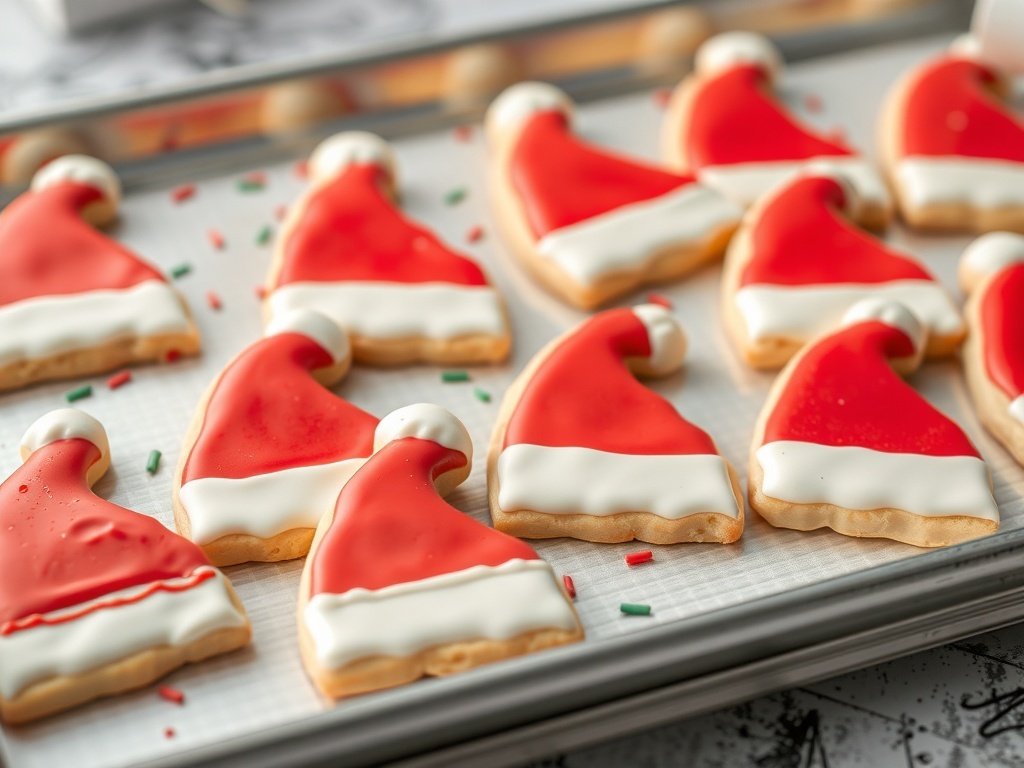 Decorated Santa hat cookies on a baking tray