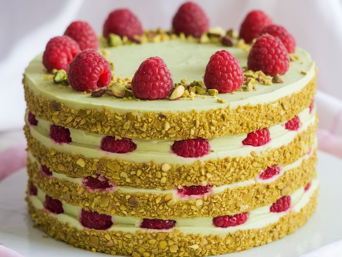 A layered pistachio raspberry cake with cream cheese frosting, garnished with raspberries and pistachios.