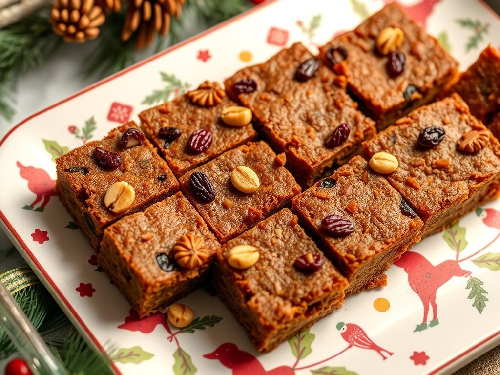 A festive plate of spiced fruitcake bites topped with nuts and dried fruits.