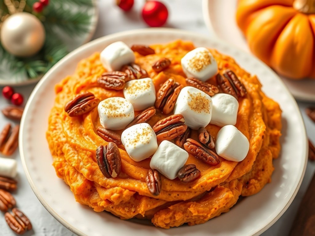 A festive dish of sweet potato mash topped with marshmallows and pecans, perfect for holiday celebrations.