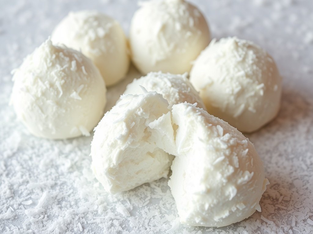 A collection of white coconut snowball meringues on a light surface, resembling snowballs.
