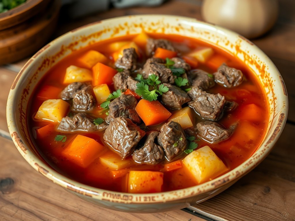 A bowl of hearty beef and vegetable stew with chunks of beef and colorful vegetables.