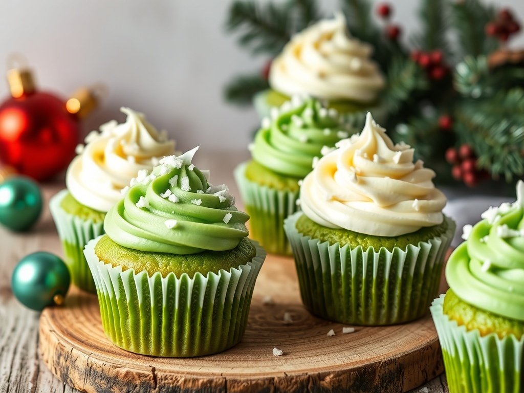 Green matcha cupcakes with coconut frosting, decorated for Christmas