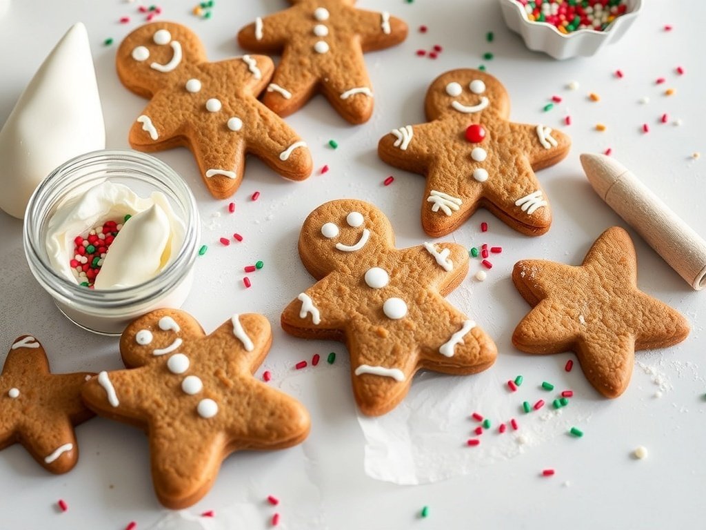 A festive gingerbread cookie decorating station with cookies, icing, and sprinkles.