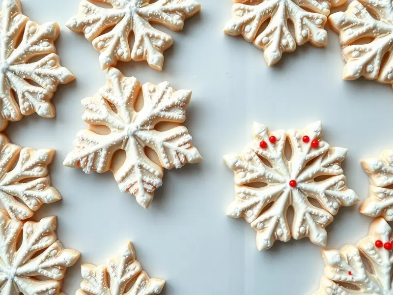 Decoratively iced snowflake sugar cookies on a white surface.