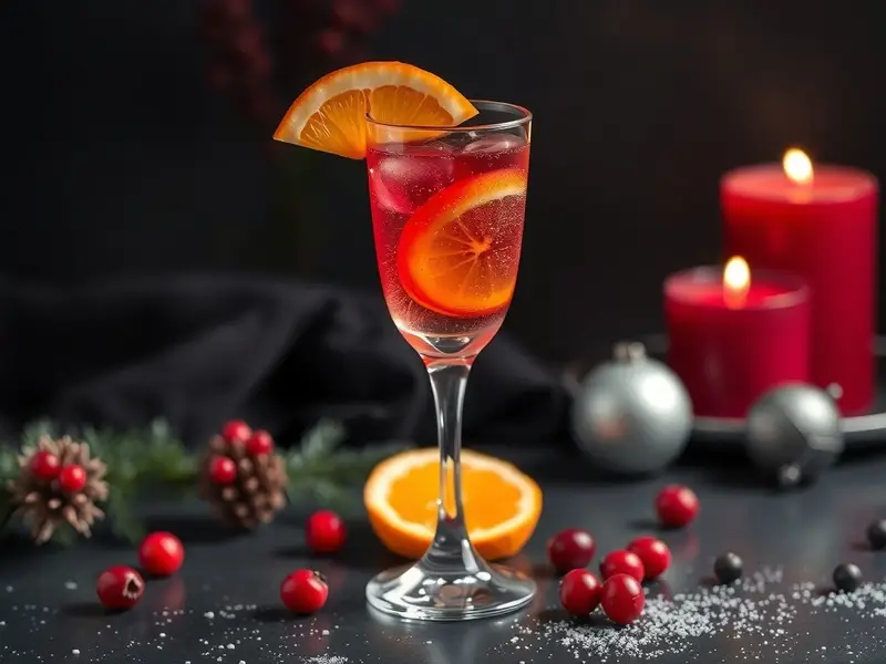 A glass of Cranberry Orange Sparkler mocktail with ice, garnished with orange slices and fresh cranberries.