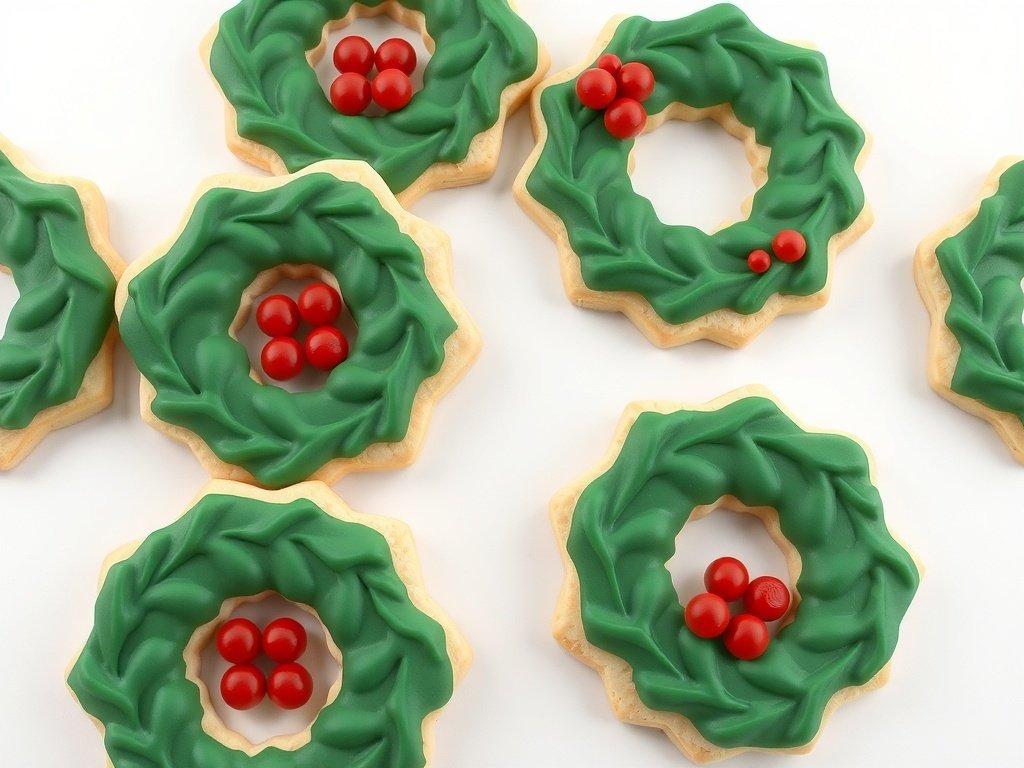 Decorative holiday wreath sugar cookies with red berries and green icing.