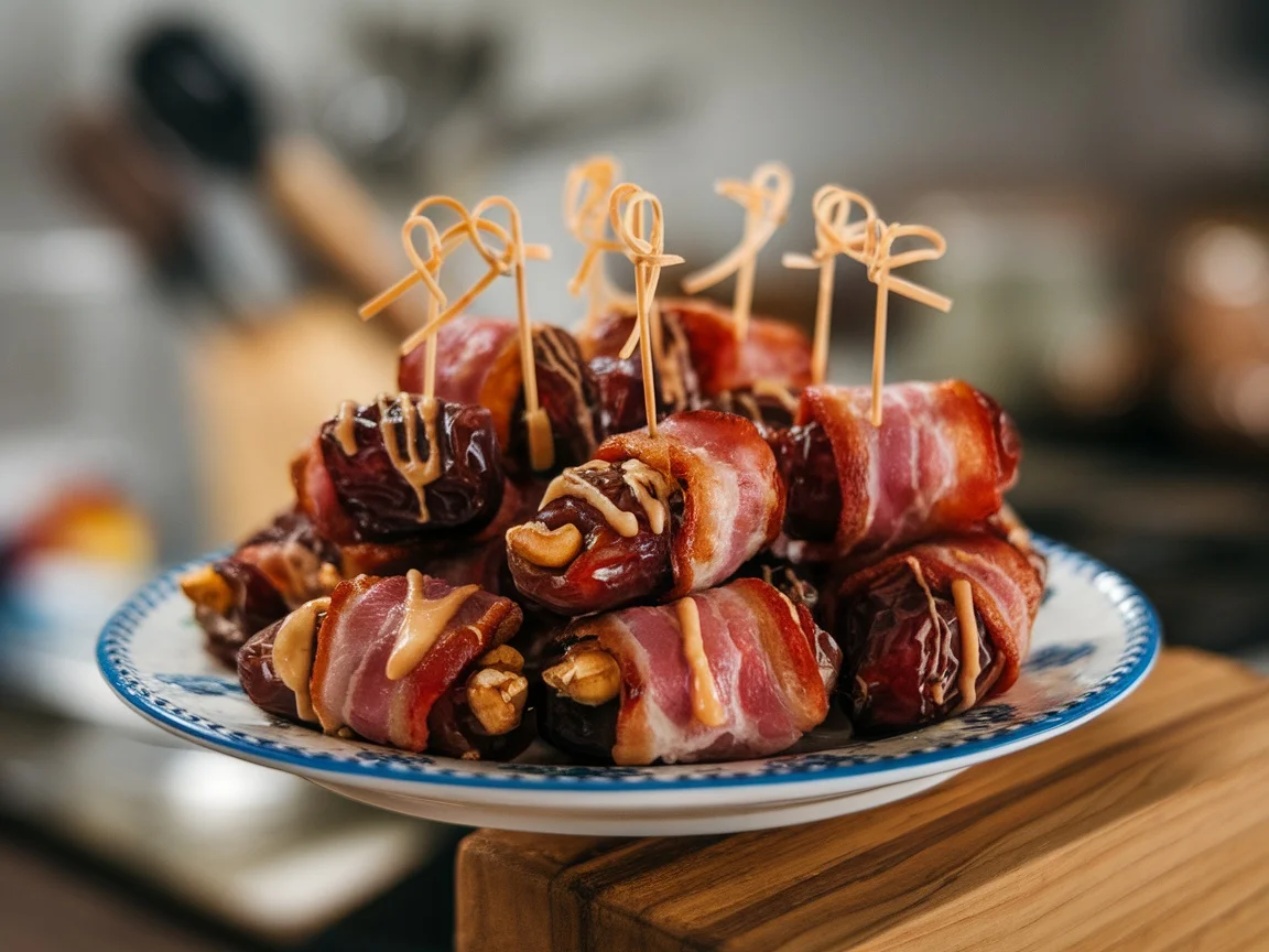 A platter of bacon-wrapped dates with toothpicks