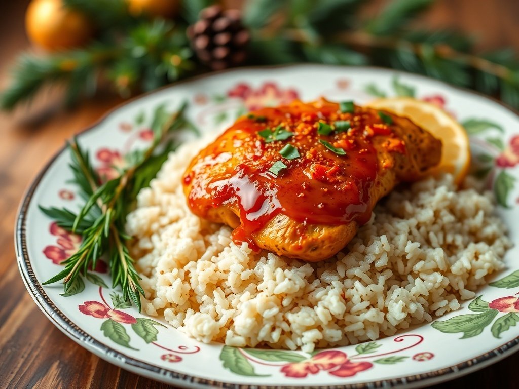 A plate of spicy orange chicken breast served over wild rice, garnished with green onions.