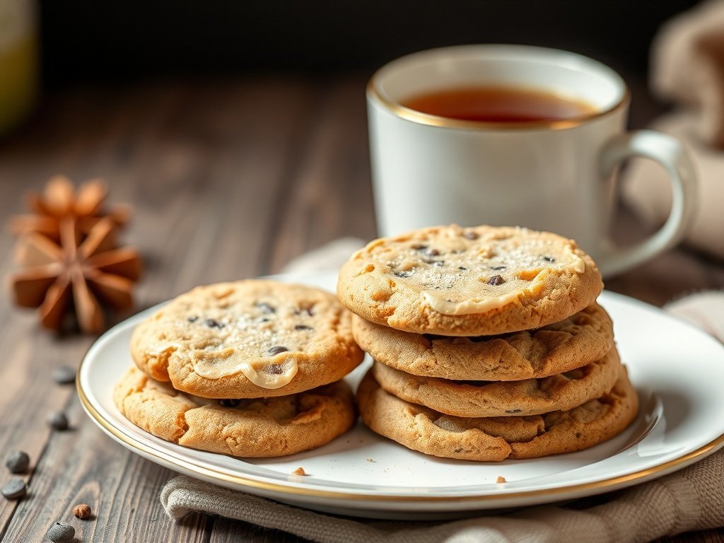 A plate of molasses spice cookies with a cup of tea