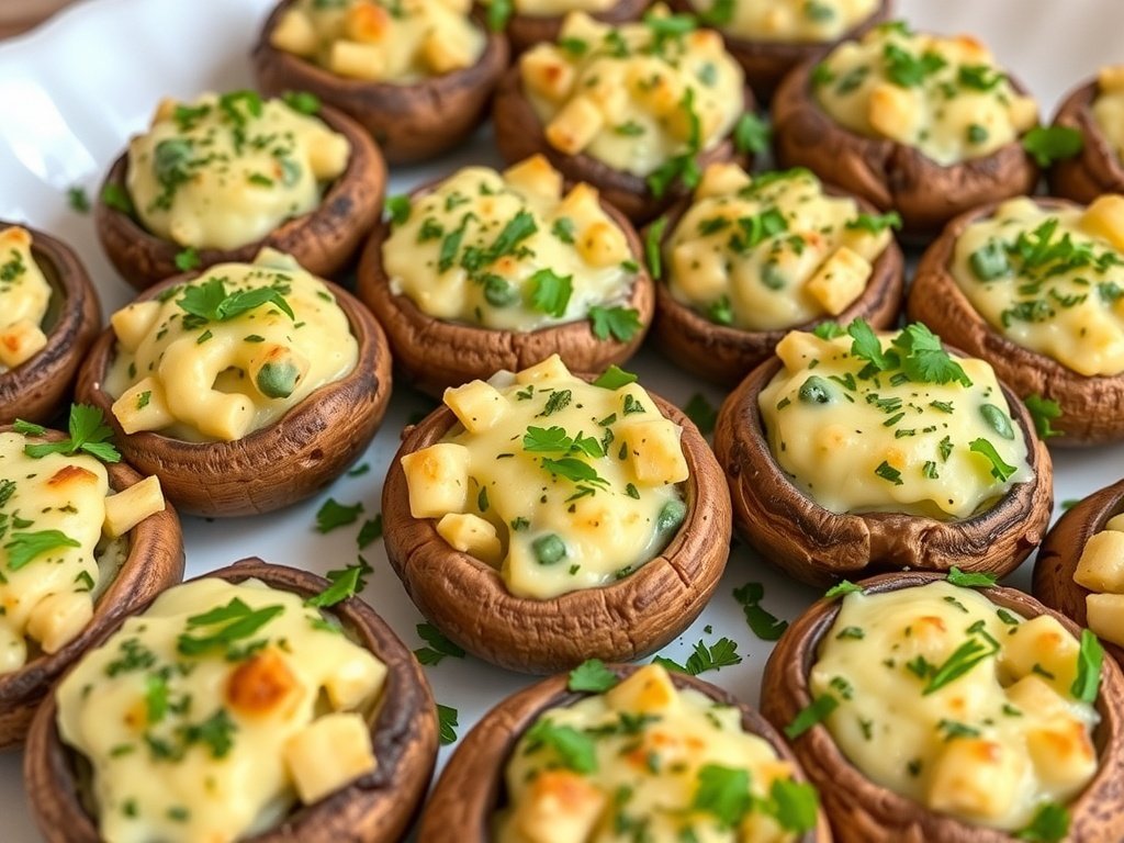 Savory stuffed mushrooms on a white plate, topped with herbs.