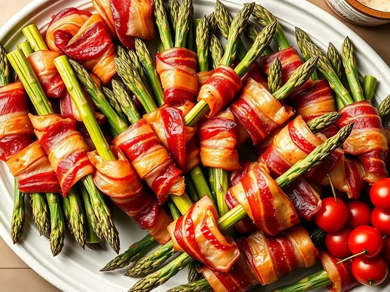 A platter of bacon-wrapped asparagus bundles, garnished with cherry tomatoes.