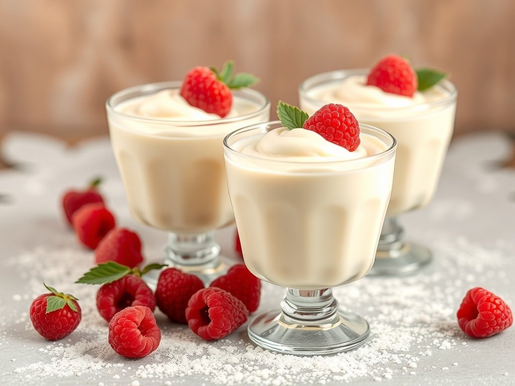 Three cups of white chocolate raspberry mousse topped with raspberries and mint leaves, surrounded by fresh raspberries and powdered sugar.