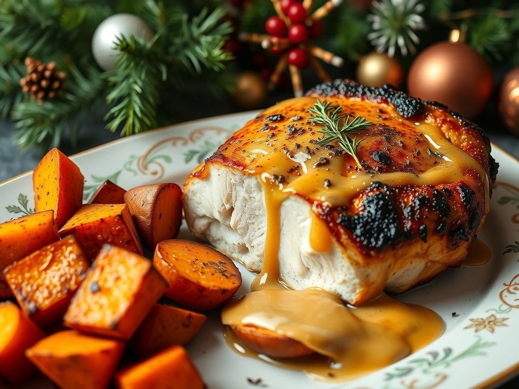 Maple Dijon Chicken Breast with Sweet Potatoes served on a festive table