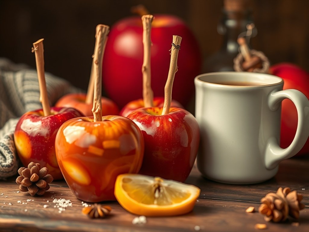 A cozy scene featuring spiced apple cider candy apples, a cup of cider, and seasonal decorations.