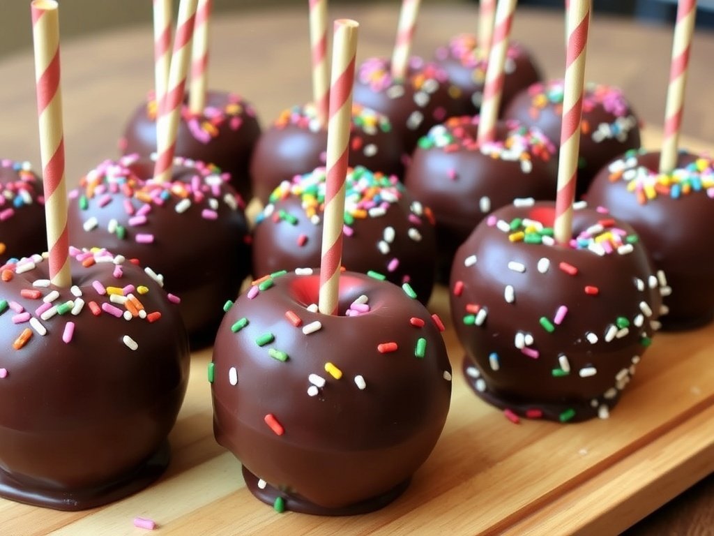 A platter of chocolate-dipped candy apples with colorful sprinkles