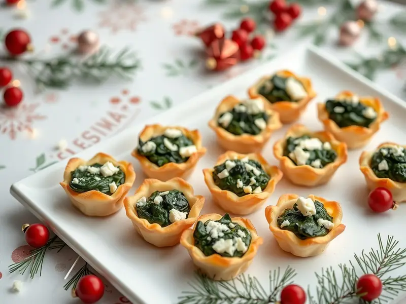 Savory spinach and feta puff pastry bites on a white platter, decorated with holiday ornaments.